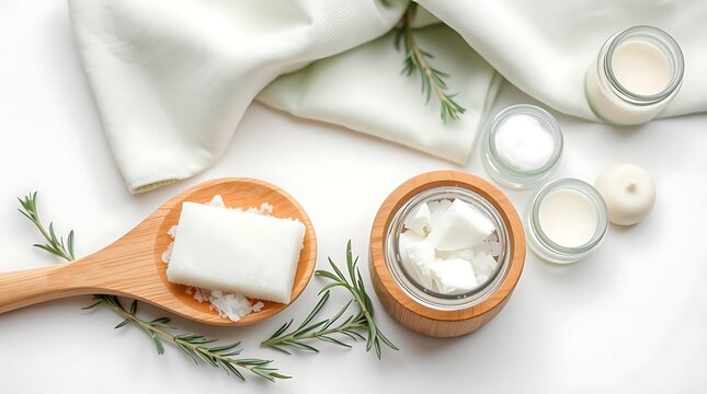 White soap rests on a wooden spoon among jars of bath salts and creams, with rosemary sprigs, isolated on white background