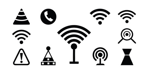Silhouette set of communication icons including phone, antenna, and wifi symbols, ideal for digital media, internet, signal strength, and telecom visuals.