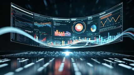 Tracking camera over backlit keyboard curved panel sliding at control hub with bar graphs animating - Powered by Adobe