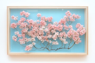 Fototapeta premium Preserved blossom display in a light wood frame.