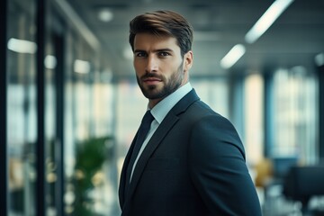 Confident businessman posing in modern office setting