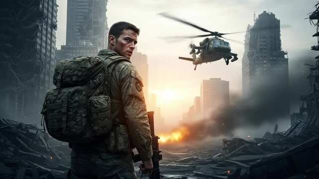 Military Soldier Looking Back with Helicopter