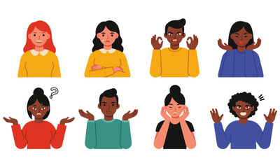 Flat Style Characters with Emotional Facial Expressions, flat-style characters expressing various emotions through facial expressions and body language, suitable for apps, presentations, and learning 