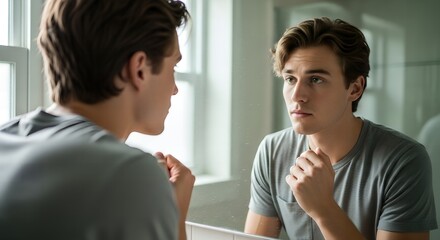 A man looking at himself in a mirror in a bright bathroom