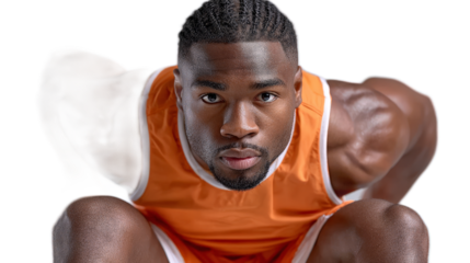 Athlete in Starting Position: A powerful and focused male athlete, poised in a low starting position, ready for a race. His intense gaze and muscular physique convey determination and readiness.