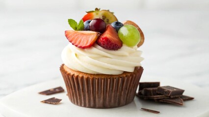Delicious vanilla cupcake topped with fresh strawberries, blueberries, kiwi, and grapes