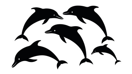 Silhouettes of dolphins jumping from water, great for marine life, sea animals, ocean themes, aquatic wildlife, and playful nature illustrations.
