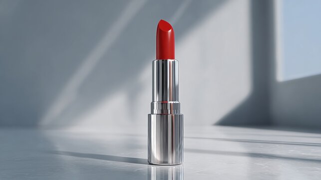 Vibrant red lipstick with silver packaging in a bright studio setting.