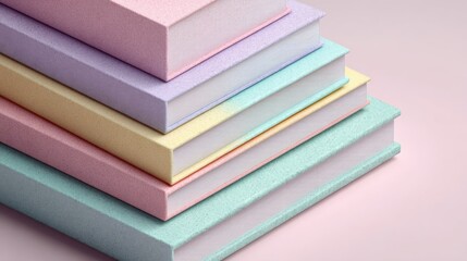 Stacked pastel covered books sit atop a light pink surface showcasing a mockup template concept.
