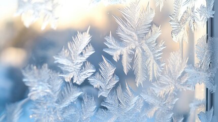Beautiful close up showing icy frost crystals on glass windows