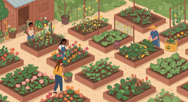 Community garden with diverse people tending colorful vegetable and flower plots.