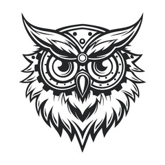 Obraz premium Detailed Black and White Vector Illustration of an Owl Head with Steampunk Accents, Featuring Intricate Gear Details and Ornamental Feathers on a White Background