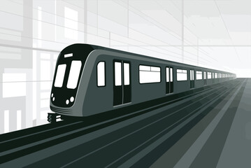 Naklejka premium Modern Monochrome Subway Train on Elevated Track – Grayscale Cityscape Background with Streamlined Urban Transit Design and Minimalist Perspective