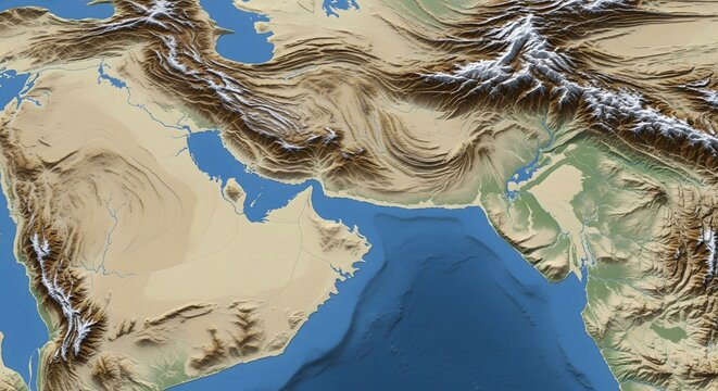 3D terrain map showing landscape and coastline near the Strait of Hormuz with elevation and shading in angled perspective, no text or labels included