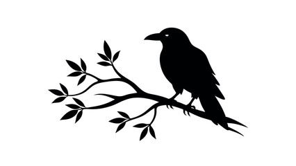 Fototapeta premium Silhouette of a crow perched on a tree branch, suitable for spooky designs, nature themes, gothic art, Halloween illustrations, and dark forest aesthetics.