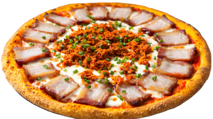 A delicious pizza topped with pork belly and shredded meat center on transparent background png