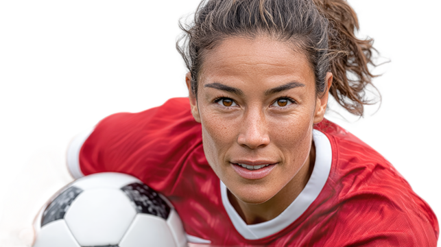 The Determined Athlete: Portrait of a focused athlete, poised with a soccer ball, exuding determination and passion in a vibrant sports arena.