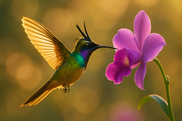 Fototapeta premium Hummingbird in Golden Light Sipping Nectar