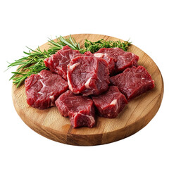 Raw beef and meat on wooden cutting board for cooking isolated on transparent background.