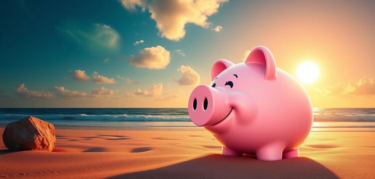 Smiling sun, overflowing piggy bank, relaxing beach scene, debt-free certificate,  financial freedom,  graphic