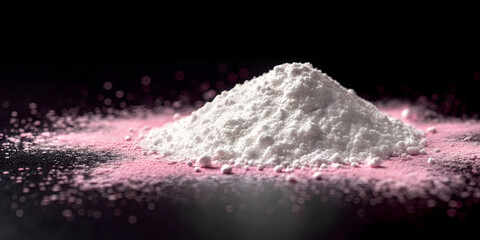 White pile of pure powder on black background, pink light highlights the texture of the powder
