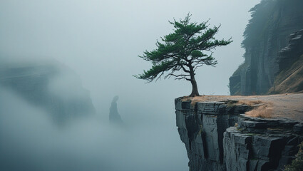 Solitary Pine Tree on a Misty Cliff Edge A Breathtaking Landscape Photography