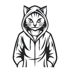 Obraz premium Vector Illustration: Stylish Cat Character in Hoodie. Black and White Graphic Design for Prints, Stickers, and Apparel with Hooded Animal, Line Art Detail.