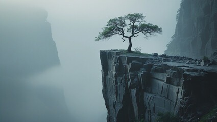 Solitary Pine Tree on a Misty Cliff Edge A Breathtaking Landscape Photography