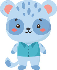 Cartoonish blue animal character with pink cheeks and a teal vest.