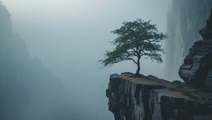 Solitary Pine Tree on a Misty Cliff Edge A Breathtaking Landscape Photography