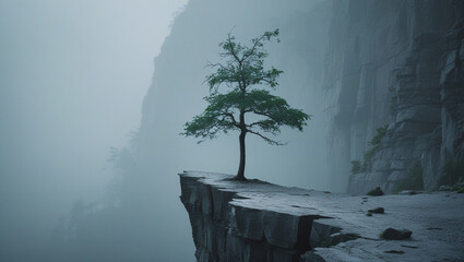 Solitary Pine Tree on a Misty Cliff Edge A Breathtaking Landscape Photography