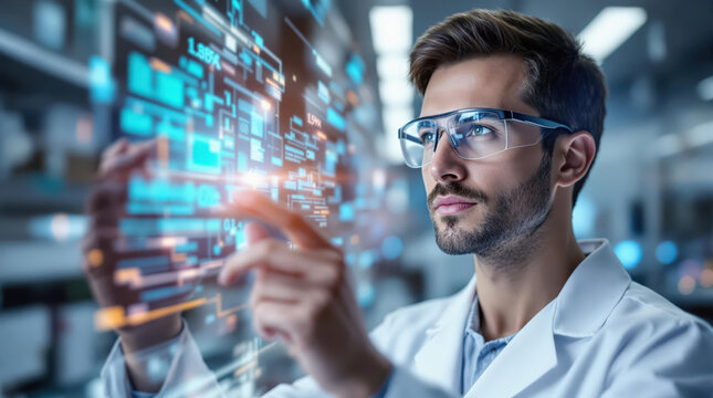 Focused Scientist Interacting with Holographic Data - Powered by Adobe