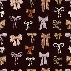 gold, brown, chocolate, beige Bow knot gift bow seamless pattern. Coquette Bow Wedding party texture
