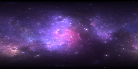 360 degree space nebula. Giant interstellar cloud with stars, equirectangular projection, environment map. Spherical panorama. 3D rendering, Fractal image