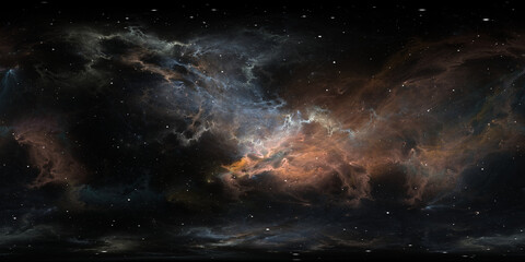 360 degree space nebula. Giant interstellar cloud with stars, equirectangular projection, environment map. Spherical panorama. 3D rendering, Fractal image