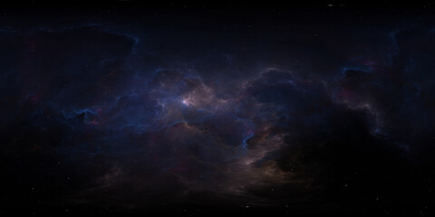 360 degree space nebula. Giant interstellar cloud with stars, equirectangular projection, environment map. Spherical panorama. 3D rendering, Fractal image
