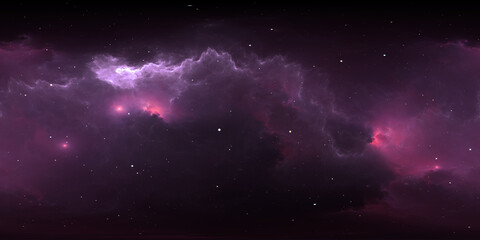360 degree space nebula. Giant interstellar cloud with stars, equirectangular projection, environment map. Spherical panorama. 3D rendering, Fractal image
