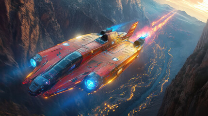 Red spaceship soars over canyon landscape