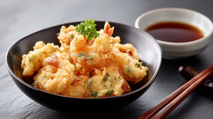 Golden fried shrimp tempura with fresh parsley garnish served in black bowl with dipping sauce and wooden chopsticks on side