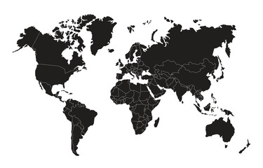 Minimalist Black World Map Vector with Country Borders for PowerPoint and Infographics.