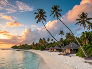Obraz premium Tropical paradise beach scene featuring palm trees white sand and azure waters at sunset