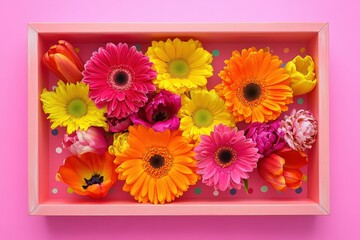 Colorful flowers arranged in a pink tray.