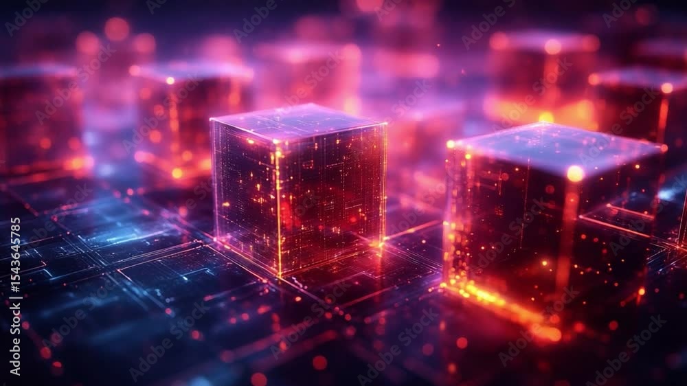 Poster Neon Cubes on Circuit Board: Glowing red and purple cubes rest on a futuristic circuit board, creating a vibrant and abstract image perfect for tech or sci-fi concepts.