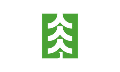 Abstract Green Pine House Logo Design – Minimalist Pine Tree Shaped with Architectural Lines and a Hidden Doorway