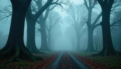 Thick fog swirling, obscuring gnarled tree trunks , mist, low light, spooky