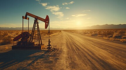 Fototapeta premium Oil pump in desert landscape at sunset