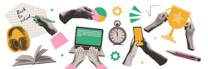 Big set of cutout paper elements halftone collage on the theme of education and back to school. Torn out stickers of Stationery, book, laptop, hands holding winner s cup and phone, headphones. Vector