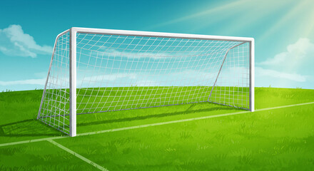 Fototapeta premium Classic Soccer Goal on Lush Green Field under Sunny Blue Sky