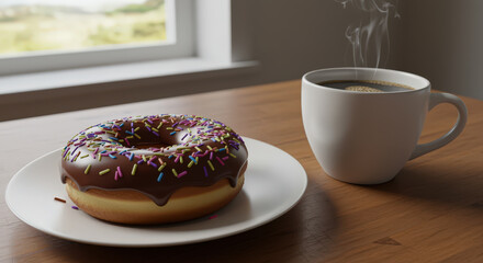 Delicious Donut and Hot Coffee Delightful Morning