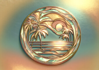 Rainbow pearlescent background with golden pattern of sunset on the coast with palm trees
